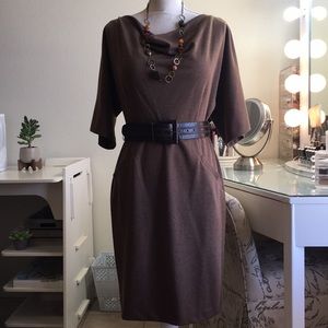 Ellen Tracy Dolman sleeve belted brown dress.